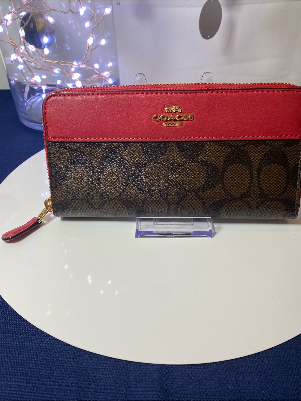 Coach Brown Signature Canvas Wallet with Red Trim